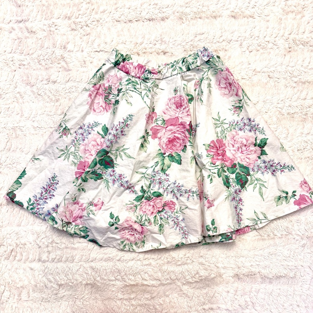 Vintage Handmade White Floral Skirt | Pink Flowers | Elastic Waist size 25 - 27